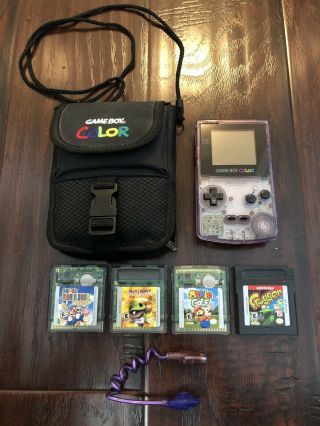 Game Boy Color - Rare Atomic Purple - 4 Games,  Case & Light Accessory - Euc