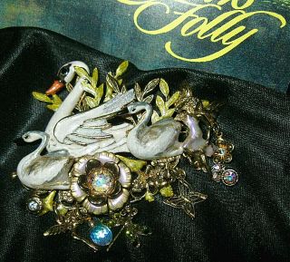 Kirks Folly Rare/signed " Swan Family Brooch/pendant " Gold Tone Finish - Gorgeous