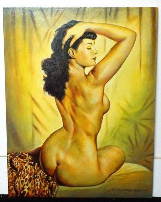 Rare Oil On Canvas Board Pin - Up Painting Of American Model " Bettie Page " Signed