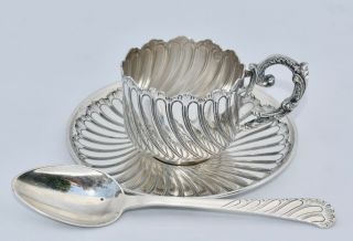 Rare Antique French 950 Sterling Silver Demitasse & Saucer W Matching Spoon 102g