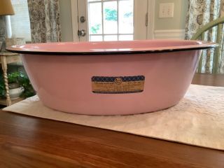 Antique Pink Porcelain Enamel Baby Wash Tub Rare Label Maid Of Honor