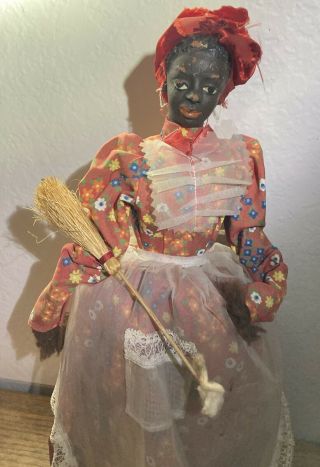 Rare Vintage Antique African American Black Doll Floral Dress Apron Broom Pretty