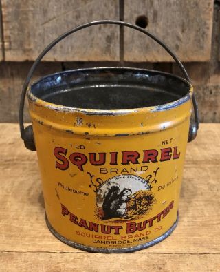 Rare Antique Vintage Squirrel Brand Penaut Butter 1lb Tin Can Bucket