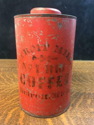 Rare Antique Detroit Mills Coffee Tin Can Hand - Stenciled Label Michigan