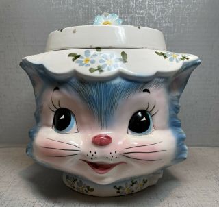 Rare Vintage Lefton " Miss Priss " 1502 Blue Kitty Cookie Jar W/lid 7.  5 " Flaws