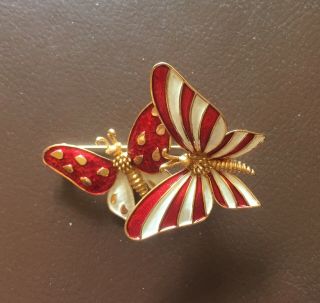 Rare Marcel Boucher Double Butterfly Trembler Brooch Red And White Enamel Pin