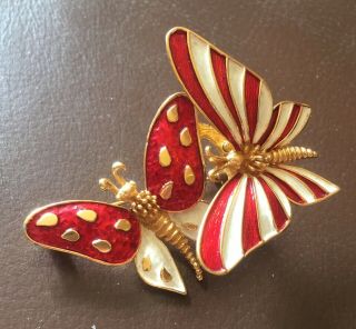 Rare MARCEL BOUCHER Double Butterfly Trembler Brooch RED AND WHITE Enamel Pin 3