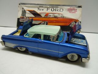 Rare 1961 Japan Haji Tin Friction Ford W/opening Hood & Trunk & Orig Box.  Runs