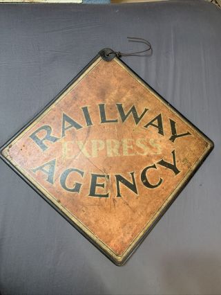 Vintage Rare Masonite Railway Express Agency Metal Framed Sign 19”