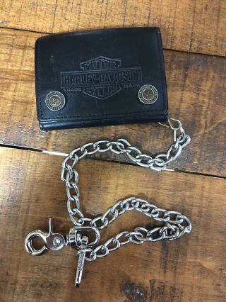 Extremely Rare Vintage Harley Davidson Leather Trifold Pan Head Wallet Chain Usa