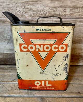 Rare Vintage Early Conoco 1 Gallon Metal Motor Oil Can Service Station Sign.