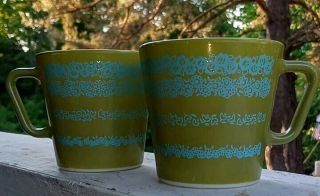 Vintage Rare Htf Corning Pyrex Avocado Green Turquoise Flowers D Handle Mug (2)