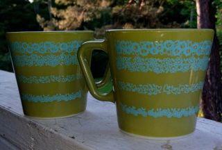 Vintage Rare HTF Corning Pyrex Avocado Green Turquoise Flowers D Handle Mug (2) 2