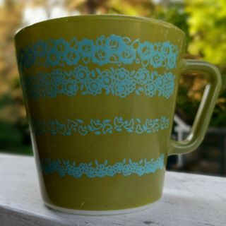 Vintage Rare HTF Corning Pyrex Avocado Green Turquoise Flowers D Handle Mug (2) 3