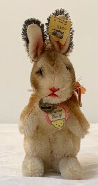 Rare Vintage 5 " Steiff Mohair Bunny Rabbit With All Id - Ribbon & Bell - 4310