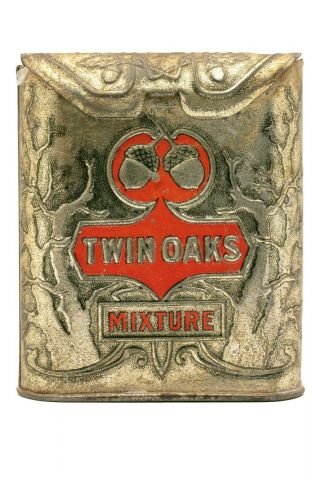 Rare 1910s " Twin Oaks " Litho Hinged Roll Top Tobacco Tin In Very Good Cond