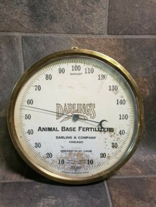 Rare Antique Darling’s Animal Base Fertilizer Round Brass Glass Thermometer