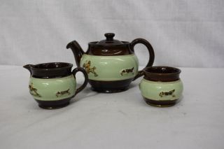 Rare 4pc Bourne Denby Derby Hunting Scene Teapot W/lid,  Creamer,  Sugar Bowl