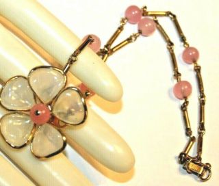 Rare Signed Crown Trifari Necklace With Molded Glass And Pink Beads - -
