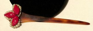 Rare Vintage 6 - 3/4” Signed Miriam Haskell Made In France Red Glass Hair Pick