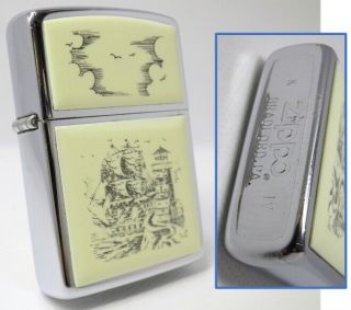 Ship And Lighthouse Scrimshaw Zippo 1988 Fired Rare  370304c05