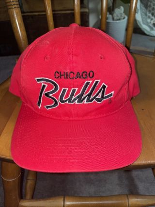 Vtg Chicago Bulls Sports Specialties “script” Snapback Hat Rare Nba Mj Red Cap