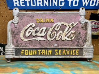Rare Vintage 1930s " Drink Coca Cola Fountain Service " Cast Iron Bench Plaque Sign