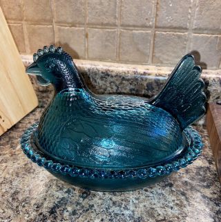 Rare Antique Indiana Glass Smokey Confederate Blue Hen On Nest Hon