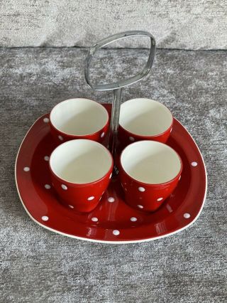 Midwinter Red Domino Egg Cup Holder And Egg Cups Very Rare Great Item