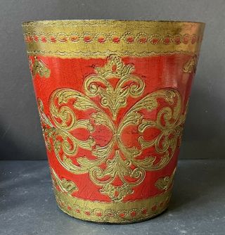 Rare Vintage Red Gold Florentine Italian Trash Can Antique Wastebasket Italy