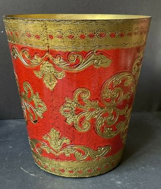 RARE Vintage RED Gold FLORENTINE Italian Trash Can Antique Wastebasket Italy 3