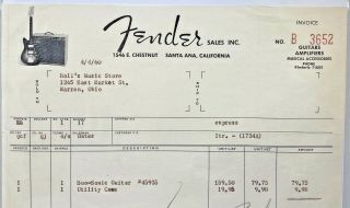1960 Fender Duo - Sonic Guitar Rare Sales Paper Invoice,  Santa Ana,  Ca