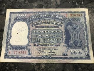 Number4341 India 100 Rupees P43c 1957 Tiger Elephant Dam Xf Money Bill Rare Bank