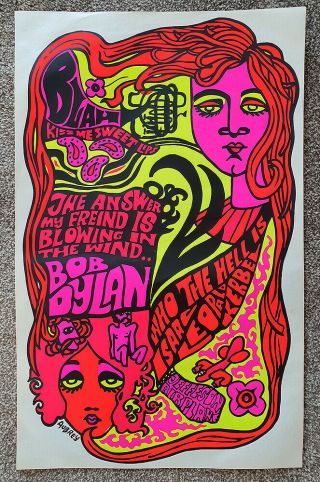 Bob Dylan Jefferson Airplane Rare Neon 1960s / 70s Poster Black Light