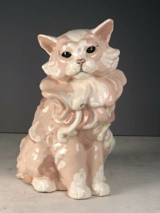 Fabulous Vintage Kay Finch California Pottery Sitting Cat Pink White 11 " Rare