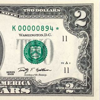 Very Rare Ultra Low Gem ⭐️ Star Note ⭐️ 2009 $2 Bill 3 Digit Fancy Serial Number