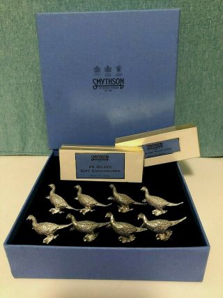 Smythson 6 Pewter Pheasant Place Card Holders & 50 Gilded Place Cards Very Rare