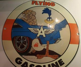 Road Runner Vintage Flying Gasoline Oil Pump Plate Petroleum Rare Porcelain Sign