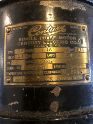 Rare Antique electric motor CENTURY 1/6 HP cast iron 110 single phase motor 2