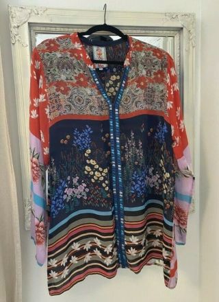 Johnny Was Flower Tunic Red Navy Embroidered Placket Pullover Rare Size Xlarge