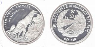 Laos - Extremely Rare Silver Proof 50 Kip Coin 1995 Year Km 84 Megalosaurus