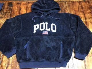 Vintage Polo Sport Ralph Lauren Usa Hoodie Size L Navy Fleece Rare Soft