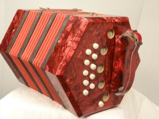 Rare Vtg Regoletta Italy Concertina 20 - Button Squeeze Box Accordion Red - Pearly