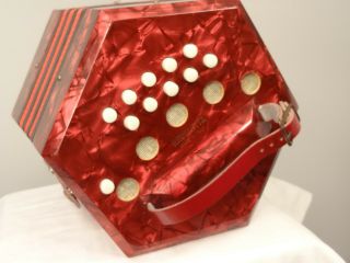 Rare Vtg Regoletta Italy Concertina 20 - Button Squeeze Box Accordion Red - Pearly 3
