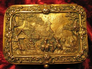 Rare English Antique Brass Jewelry Or Trinket Box