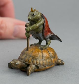 Rare Vintage Cold Painted Bronze Miniature Frog Toad King On Tortoise Whimsical