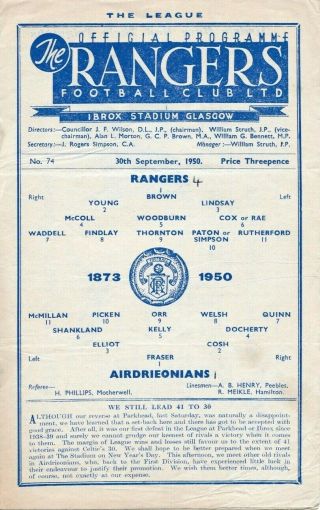 Rare Scottish Football Programme Glasgow Rangers V Airdrieonians 1950