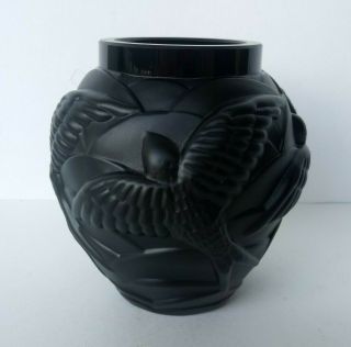 Joseph Inwald Barolac - Rare Ebony Black Czech Art Deco Glass Vase W/ Swallows