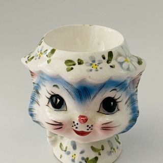 Vintage Lefton " Miss Priss " Blue Kitty Rare Egg Cup/holder 8174 2.  5 " Tall Htf