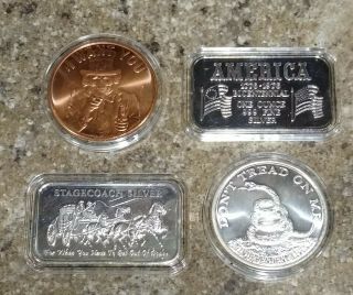 2 Rare,  Vintage 1 - Oz Silver Bars,  1 - Oz Silver Round,  1 Oz Copper Round